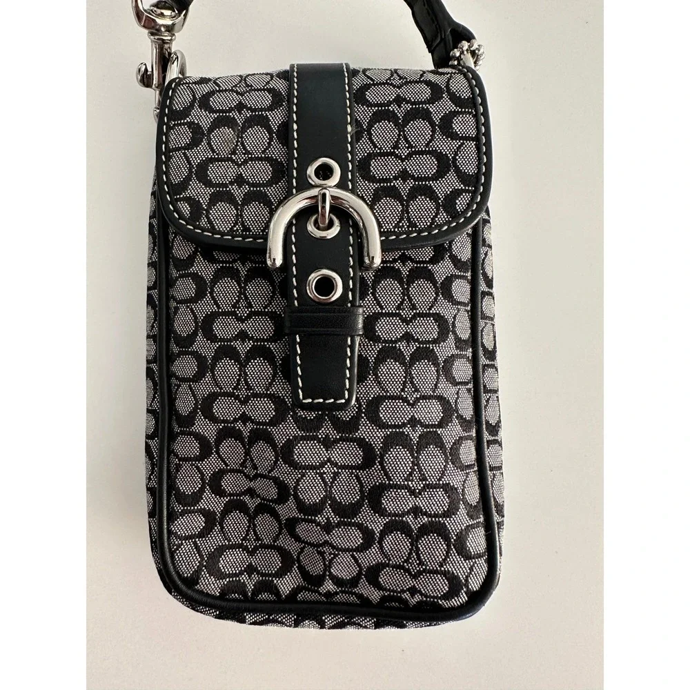 Coach Signature C Monogram Canvas Phone Crossbody Bag Black Tech Mini Purse Y2K